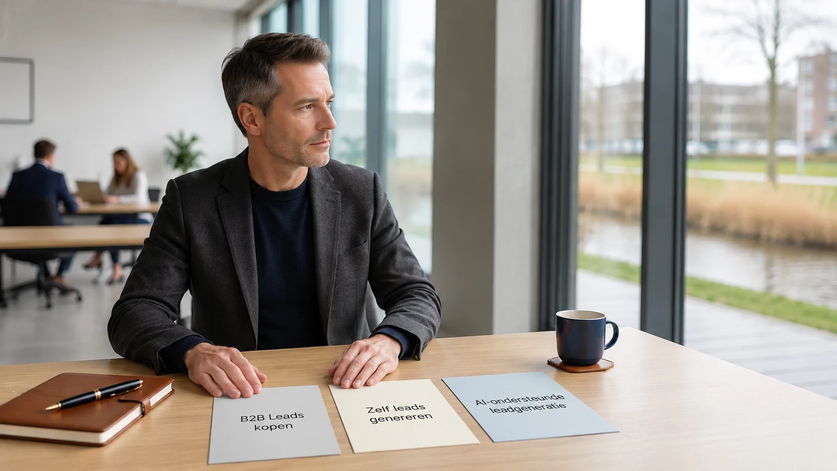 Salesprofessional aan een bureau vergelijkt drie kaartjes: B2B-leads kopen, zelf leads genereren en AI-ondersteunde leadgeneratie