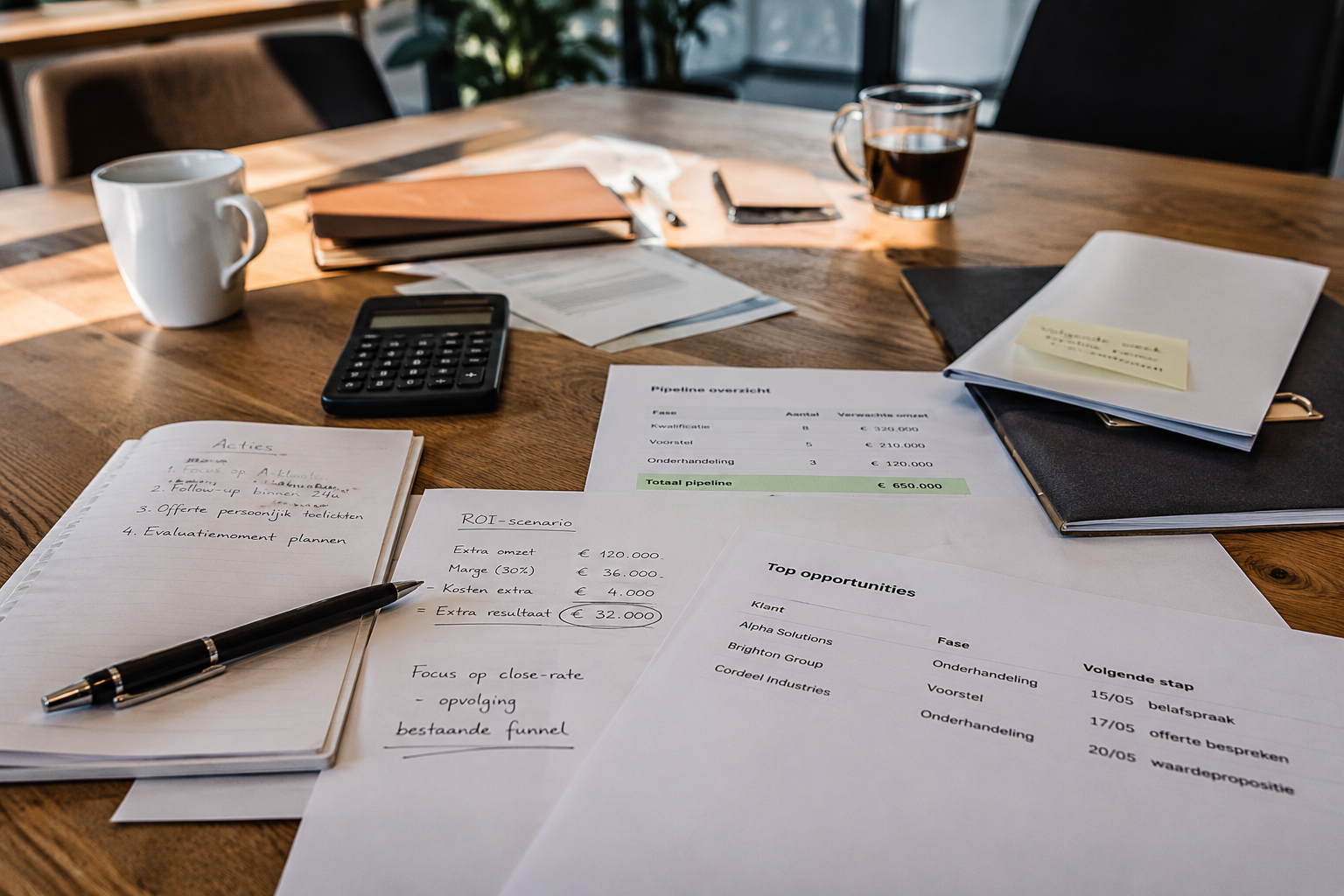 Salesteam werkt met ROI-rekensom, pipeline-overzicht en top opportunities aan omzetgroei zonder extra marketingbudget