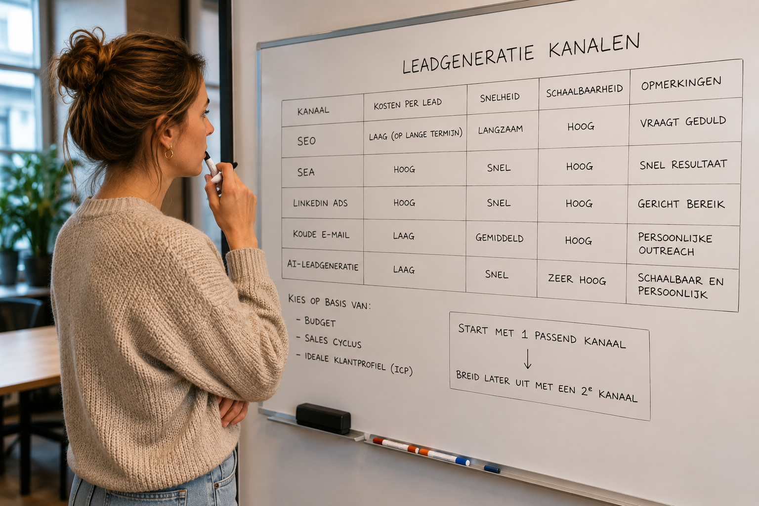 Marketeer bekijkt een whiteboard met een vergelijkingstabel van vijf leadgeneratie-kanalen