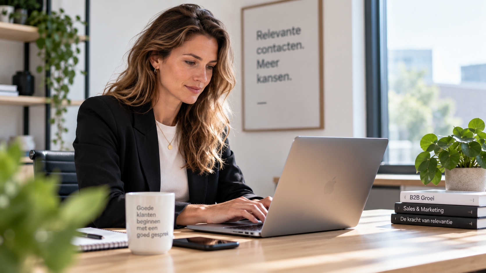 Salesprofessional werkt achter een laptop aan een persoonlijke B2B-e-mail voor een geselecteerde prospect
