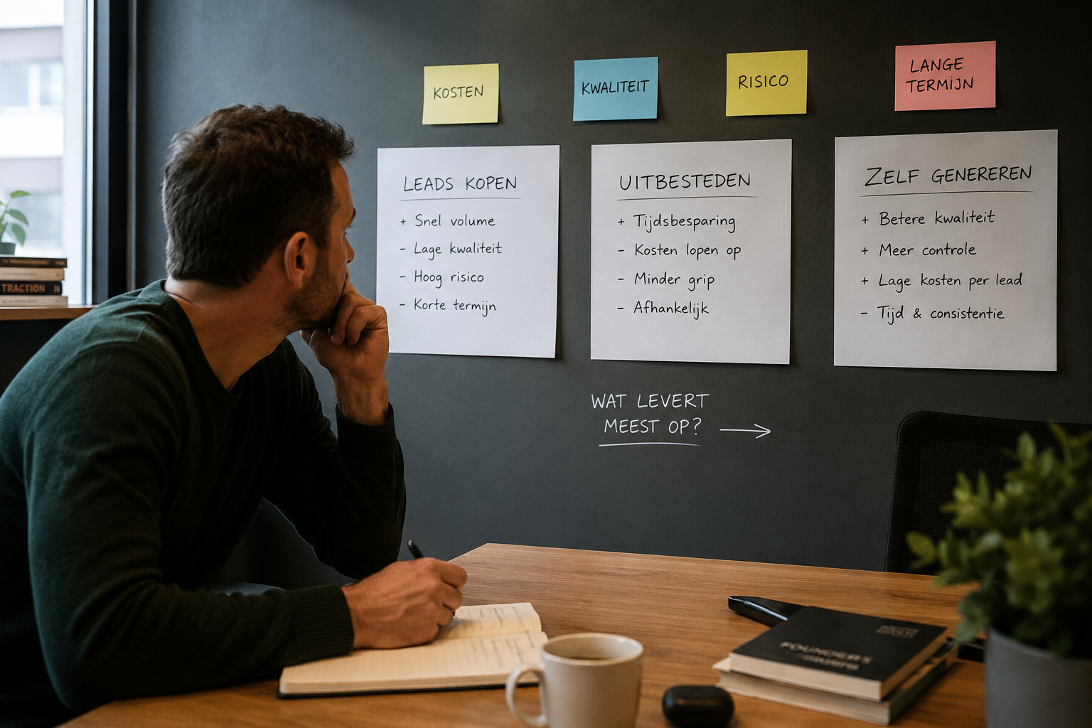Salesprofessional aan een bureau vergelijkt drie geeltjes op de muur: leads kopen, uitbesteden en zelf genereren