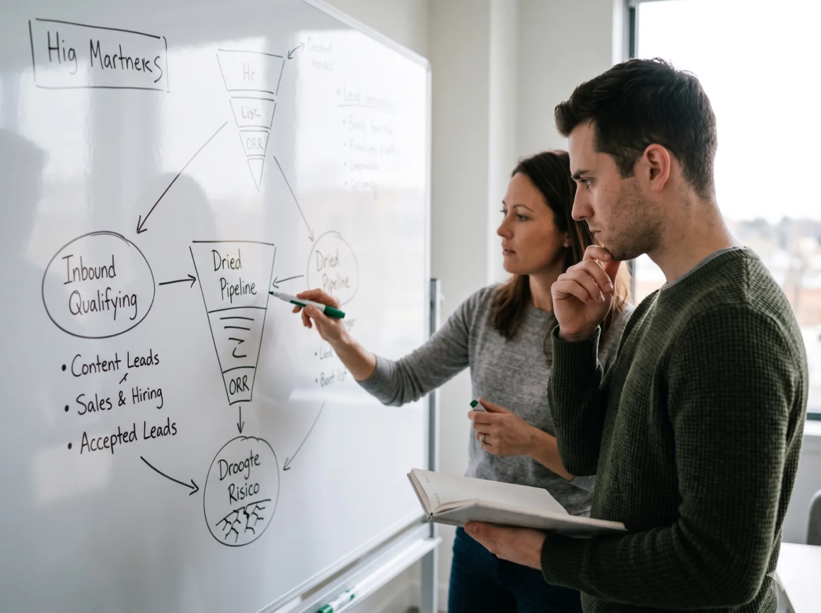 Twee salesprofessionals bespreken hun B2B pipeline op een whiteboard