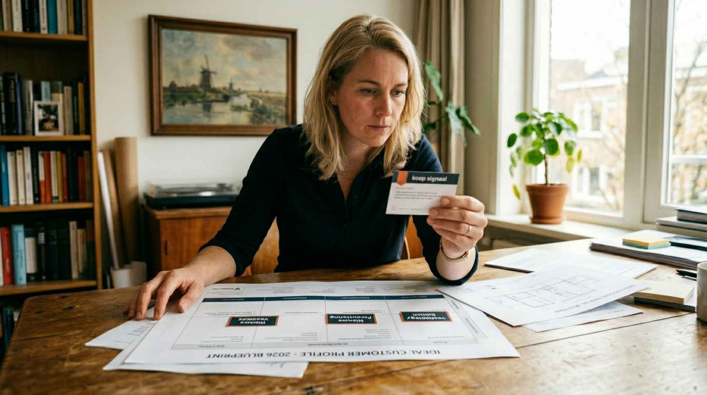 Salesprofessional bekijkt een ICP-blueprint en een kaartje met koopsignaal op haar bureau